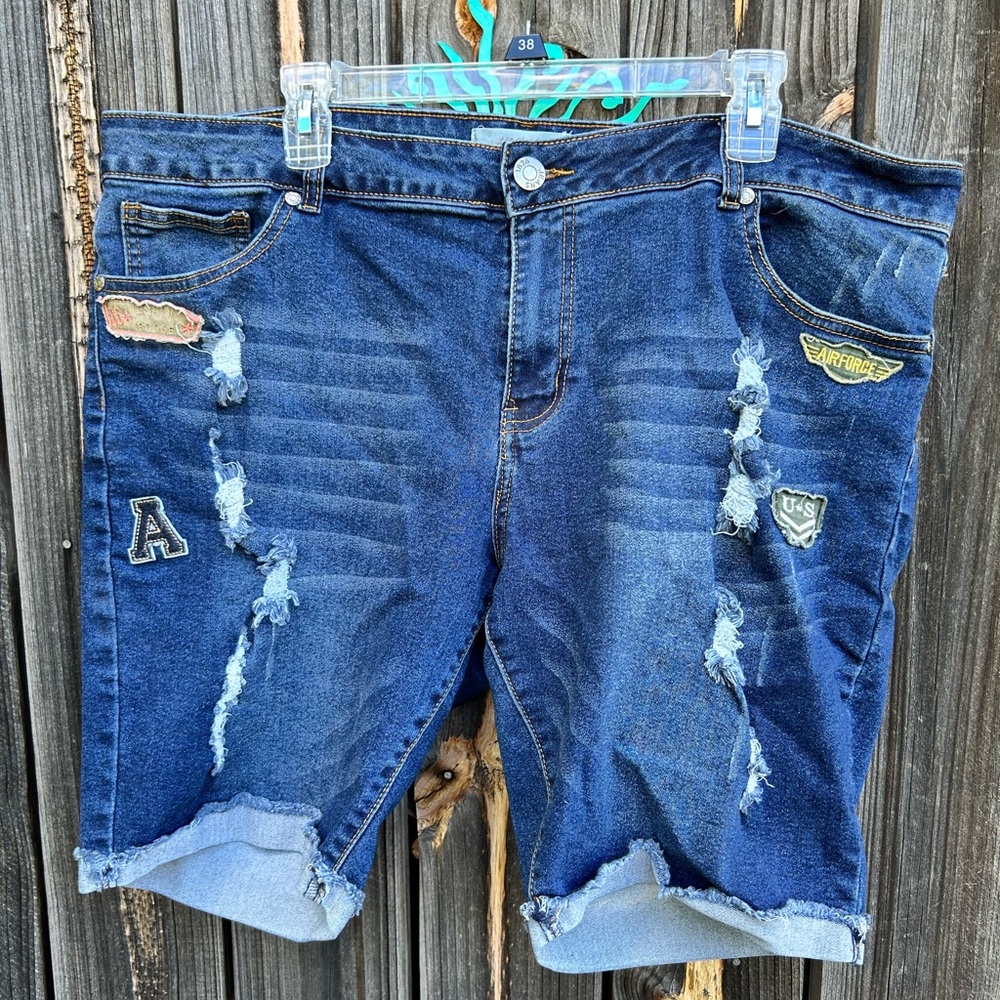 Blue Distressed Denim Shorts with Patches
